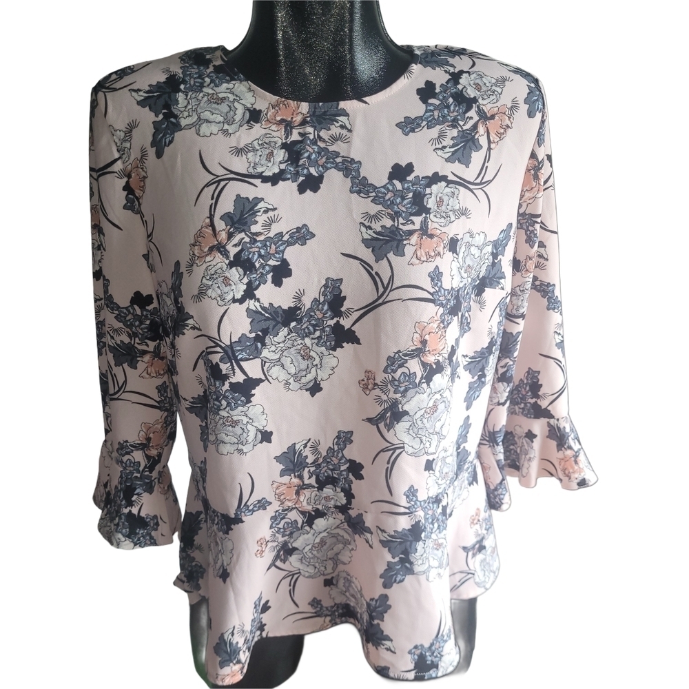 Suzy Shier Pink and Blue Floral Print Blouse M